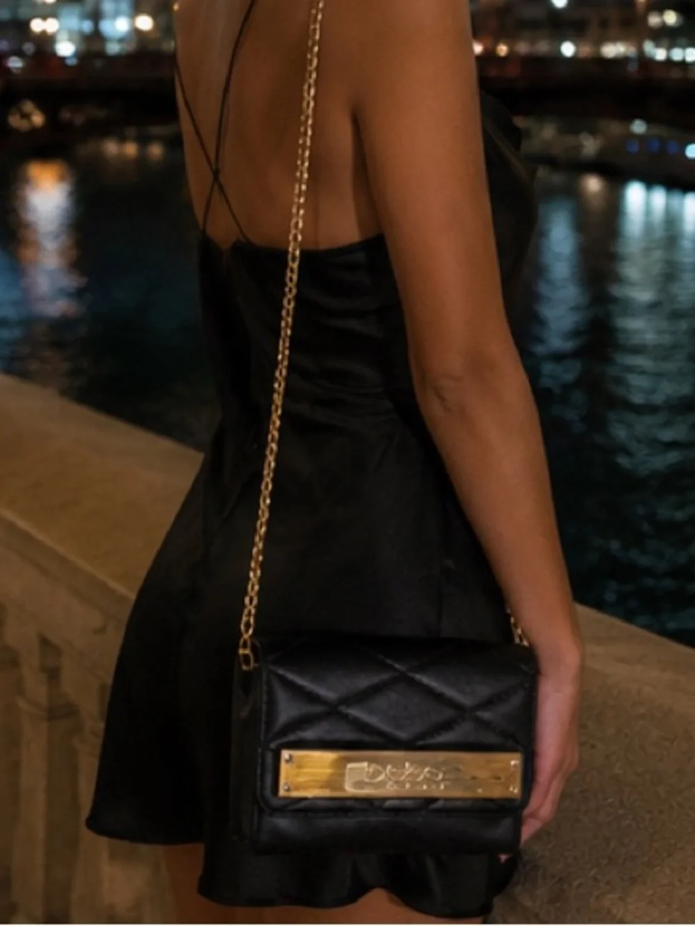 Bebe Black Quilted Crossbody with Gold Accent - Picture 1 of 7